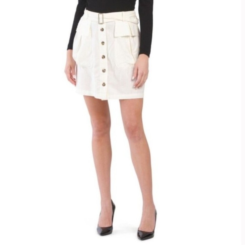 Nicole Miller Mini Skirt White Linen Blend Button Front Belted Womens Size Large